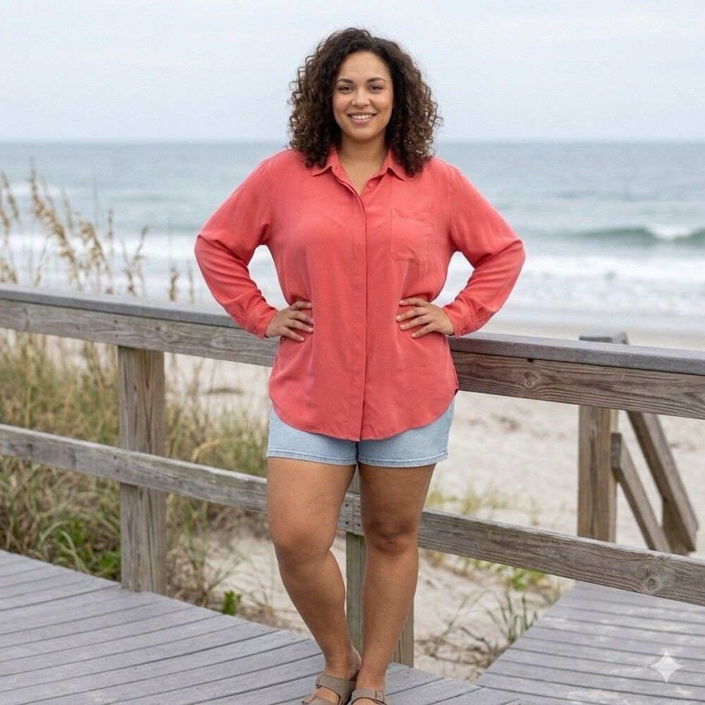Freeport Studio 100% Washable Silk Shirt Sz 3X Coral Beachy Coastal Quiet Luxury